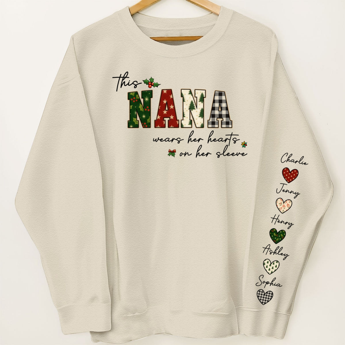 Christmas This Grandma Wears Her Heart Her Sleeve - Personalized Sleeve Printed Sweatshirt