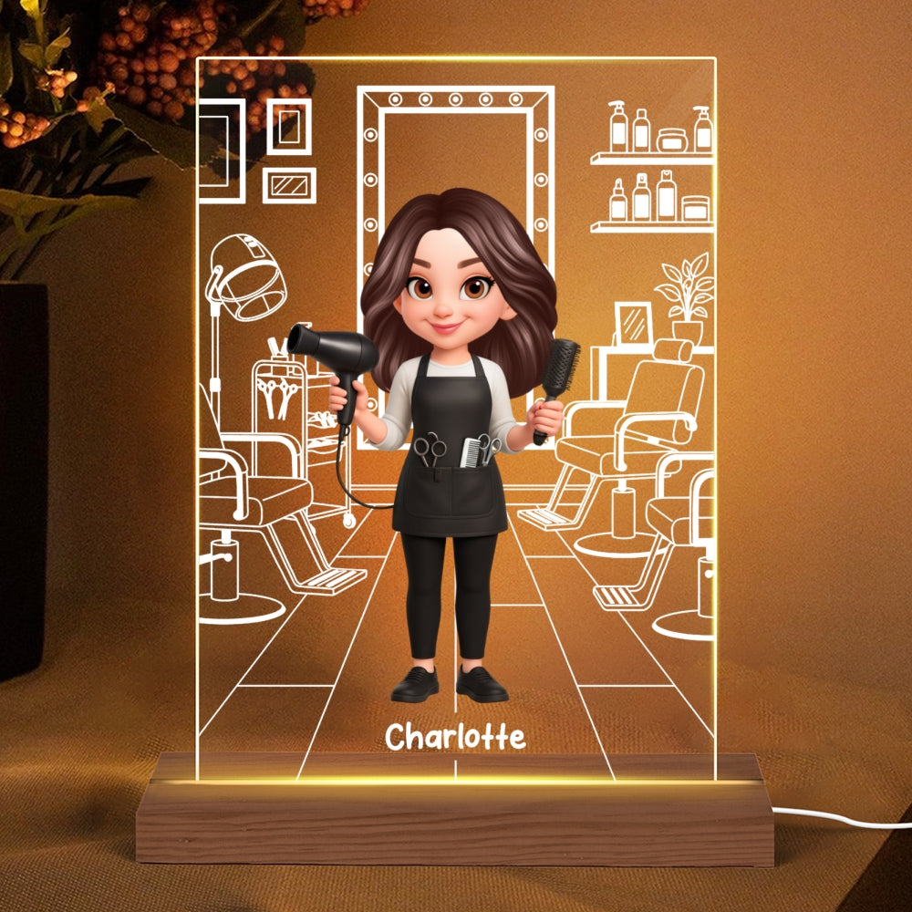 Hairdresser Man Woman In Hair Salon - Personalized Acrylic Plaque LED Night Light - Gift For Hairdressers
