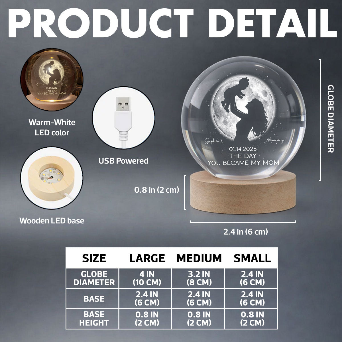 The Day You Became My Mom, Custom Moon Phase by Date - Personalized Crystal Ball LED Night Light - Heartfelt Mother's Day Gift for Mom, Wife
