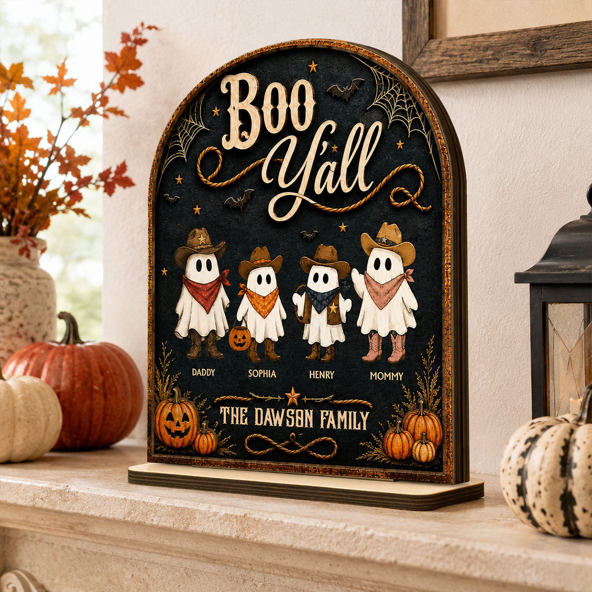 Boo Y'all Cowboy Ghost Family 2D Flat - Personalized 2-Layered Wooden Plaque - Western Country Vibe Halloween Decor