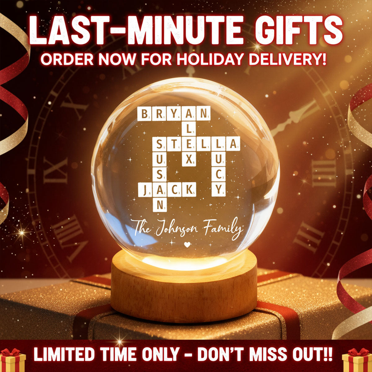 The Family Puzzle Crossword Art Home Decor - Personalized Crystal Ball LED Night Light