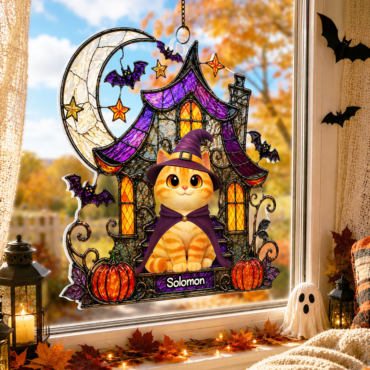 Halloween Haunted House Spooky Cats - Personalized Acrylic Window Hanging - Halloween Gift For Cat Lovers, Halloween Decor