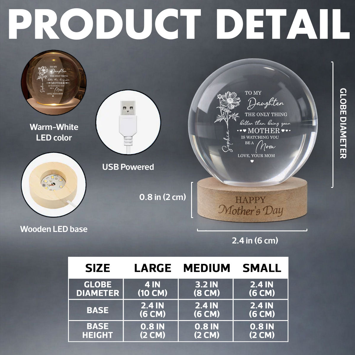 Watching You Be A Mom - Personalized Crystal Ball LED Night Light - Mother's Day Gift for Daughter From Mom