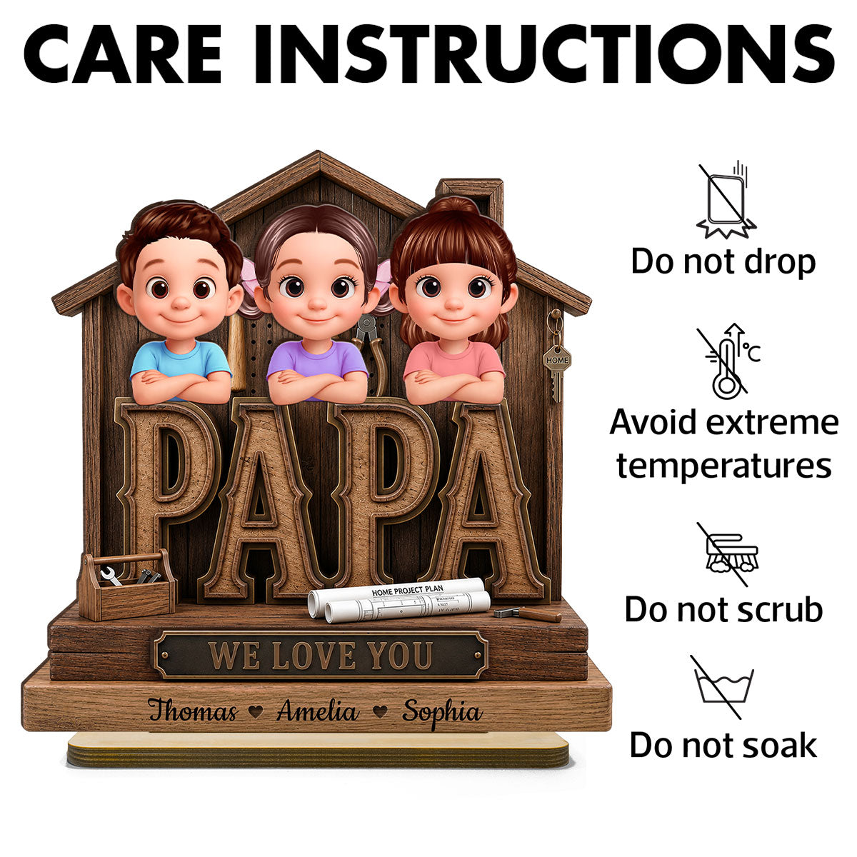 Papa Home Tools We Love You - Personalized 2-Layered Wooden Plaque - Gift for Grandpa, Dad