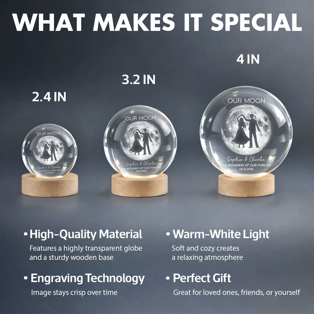 Couple Dancing in the Moonlight, Custom Moon Phase by Date - Personalized Crystal Ball LED Night Light, Sentimental Valentine's Day Gift for Her, for Him