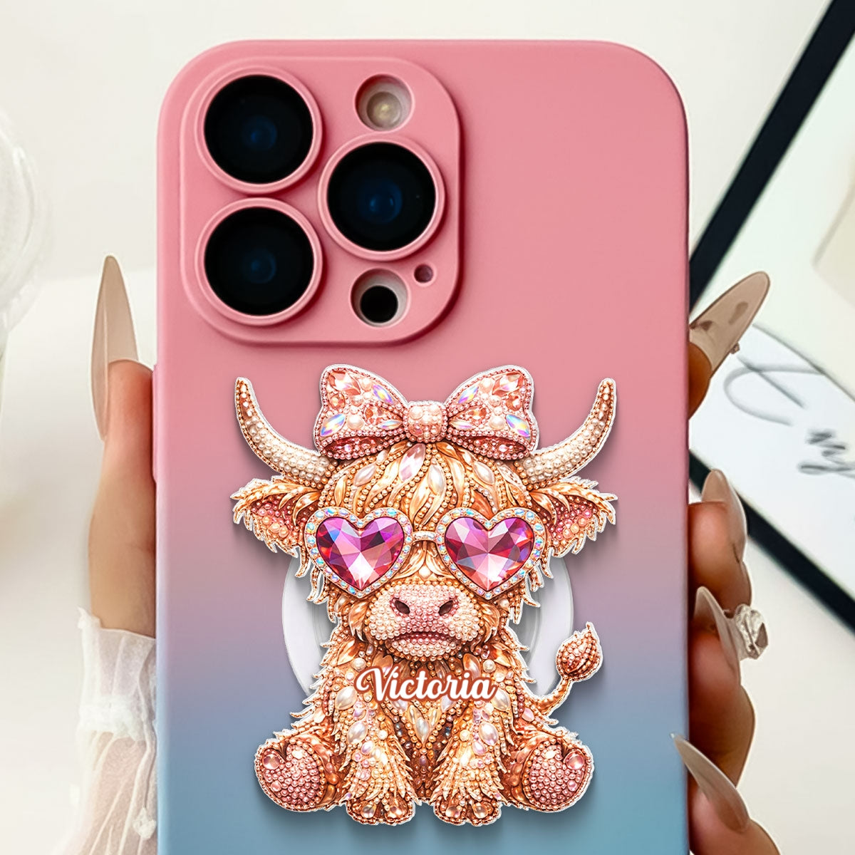 3D Effect Highland Cow - Personalized Acrylic Magnetic Phone Grip - Anniversary, Valentine's Day Gift, Gift For Her