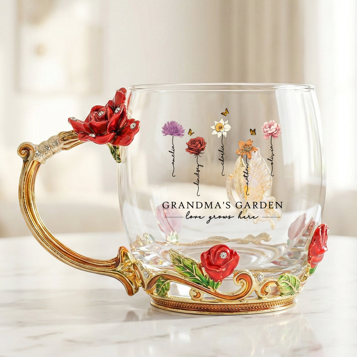 Grandma Garden Custom Birth Month Flowers - Personalized Enamel Flower Tea Cup - Gift For Grandma, Mom