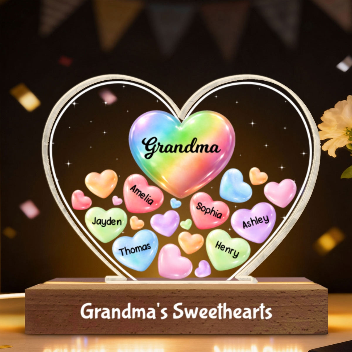 Grandma's Sweethearts In Heart - Personalized Acrylic Block Plaque LED Night Light - Gift For Grandma