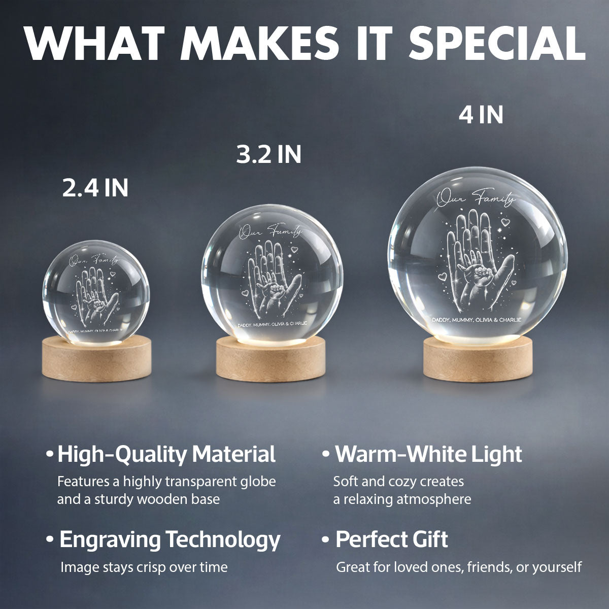 Our Family Handprint - Personalized Crystal Ball LED Night Light - Sentimental Gift for Mom, Dad