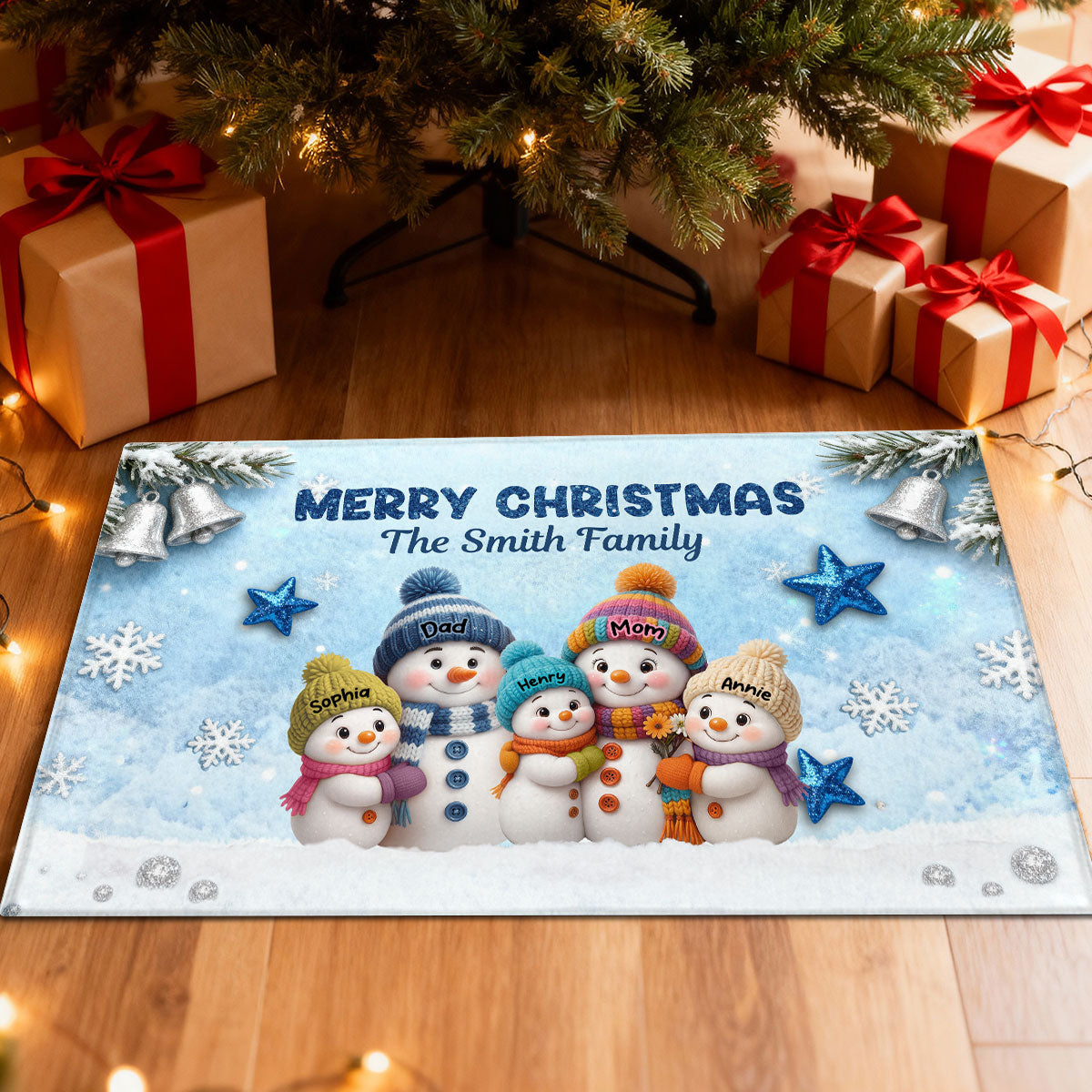 3D Effect Snowy Christmas Snowman Family - Personalized Doormat