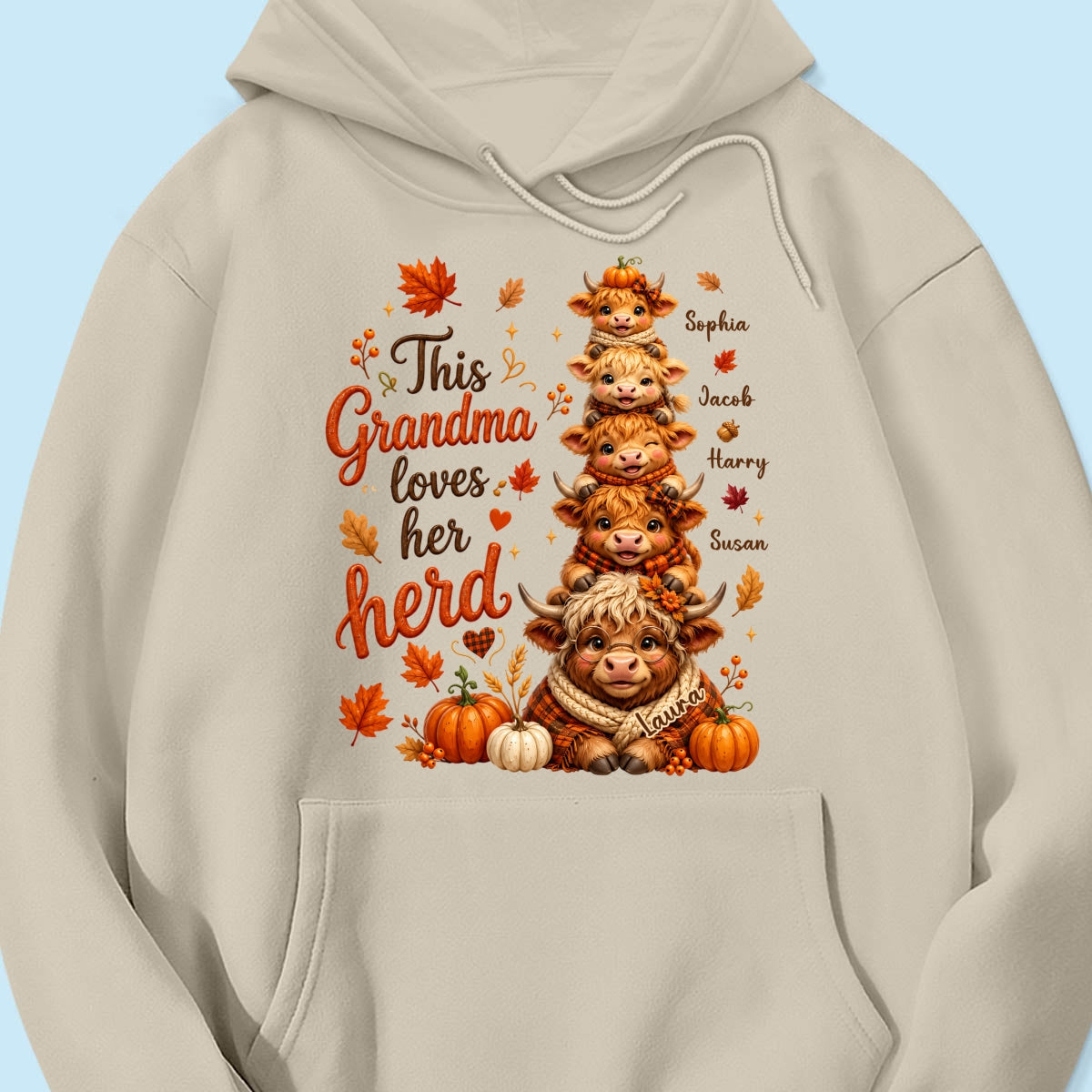 Grandma Grandkids Highland Cow Autumn - Personalized Shirt - Fall Season Gift, Gift For Grandma