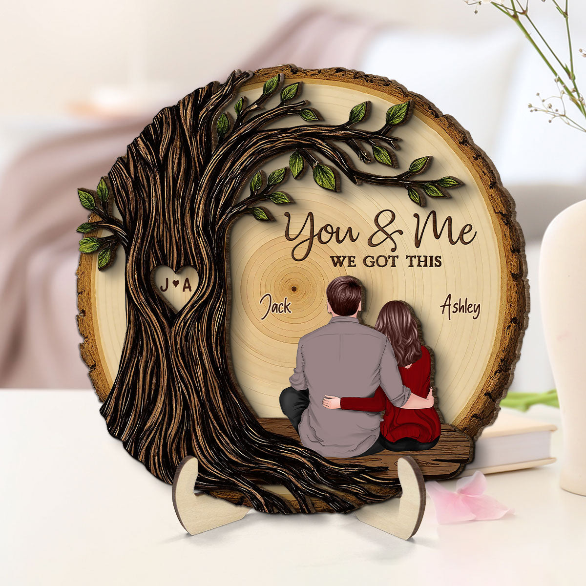 Couple Sitting Back View Under Heart Carved Tree - Personalized 2-Layered Wooden Plaque - Valentine's Day Gift For Couple
