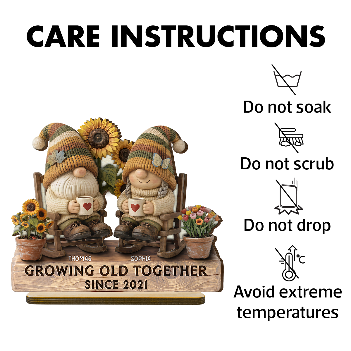 3D Effect Gnome Couple Grow Old Together - Personalized 2-Layered Wooden Plaque - Perfect Valentine's Day Gift For Him, Gift For Her