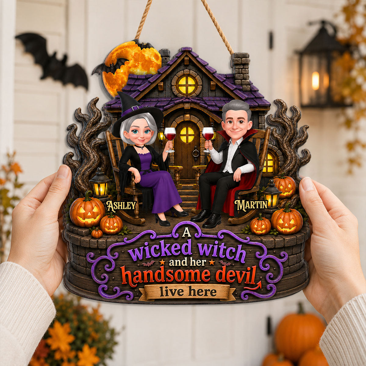 Halloween Haunted House Couple Wicked Witch Handsome Devil Live Here - Personalized Wood Sign - Halloween Decoration For Couple