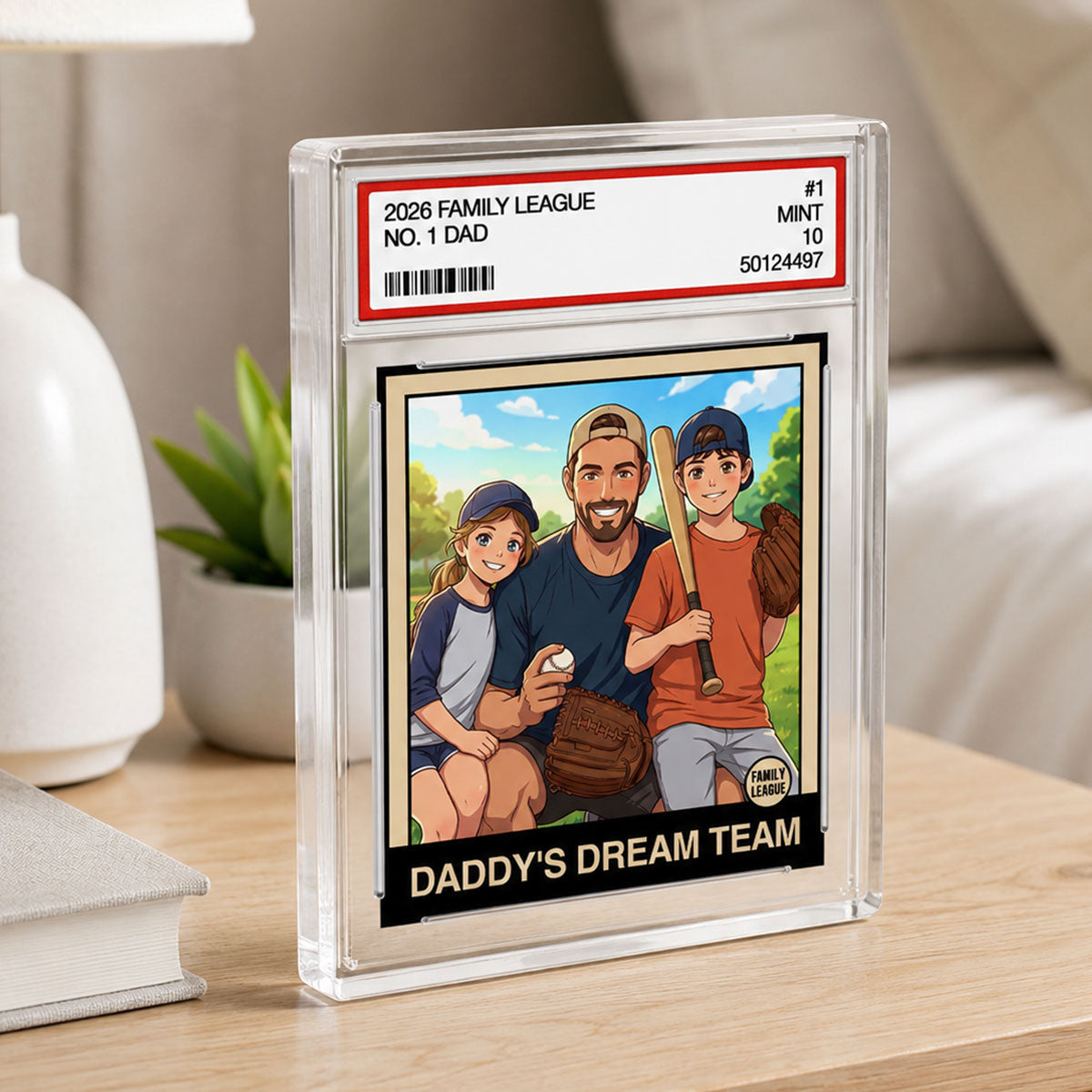 Cartoon Style Baseball Daddy's Dream Team Trading Card - Personalized Acrylic Block Plaque - Gift For Baseball Dad, Husband