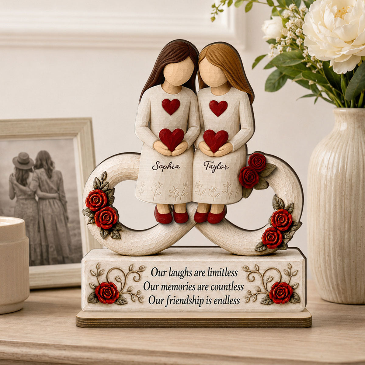 Roses Besties Infinity Our Friendship Is Endless - Personalized 2-Layered Wooden Plaque - Birthday Gift, Gift For Best Friends