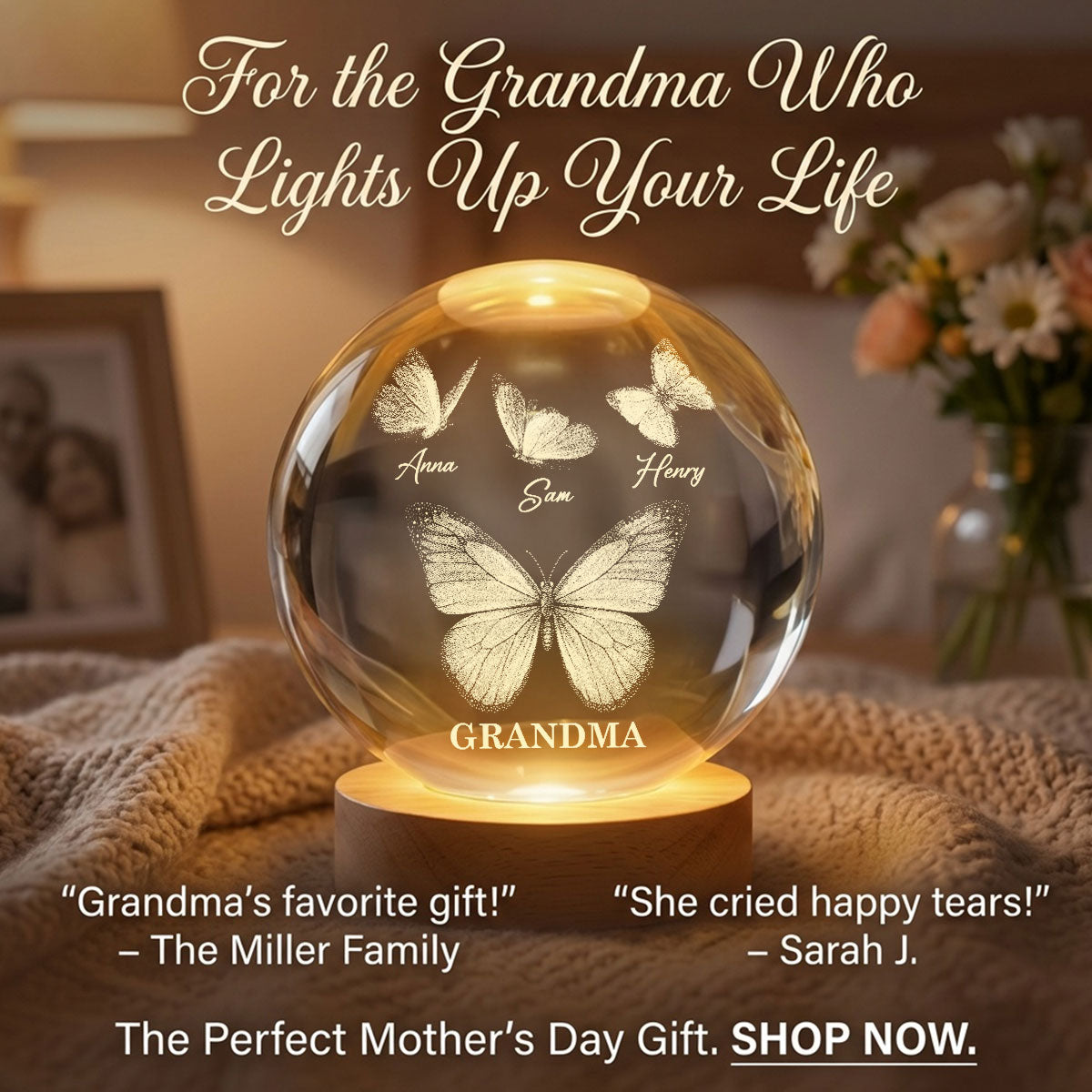 Beautiful Grandma Mom Butterflies Custom Kids Names - Personalized Crystal Ball LED Night Light - Gift For Grandma, Mom