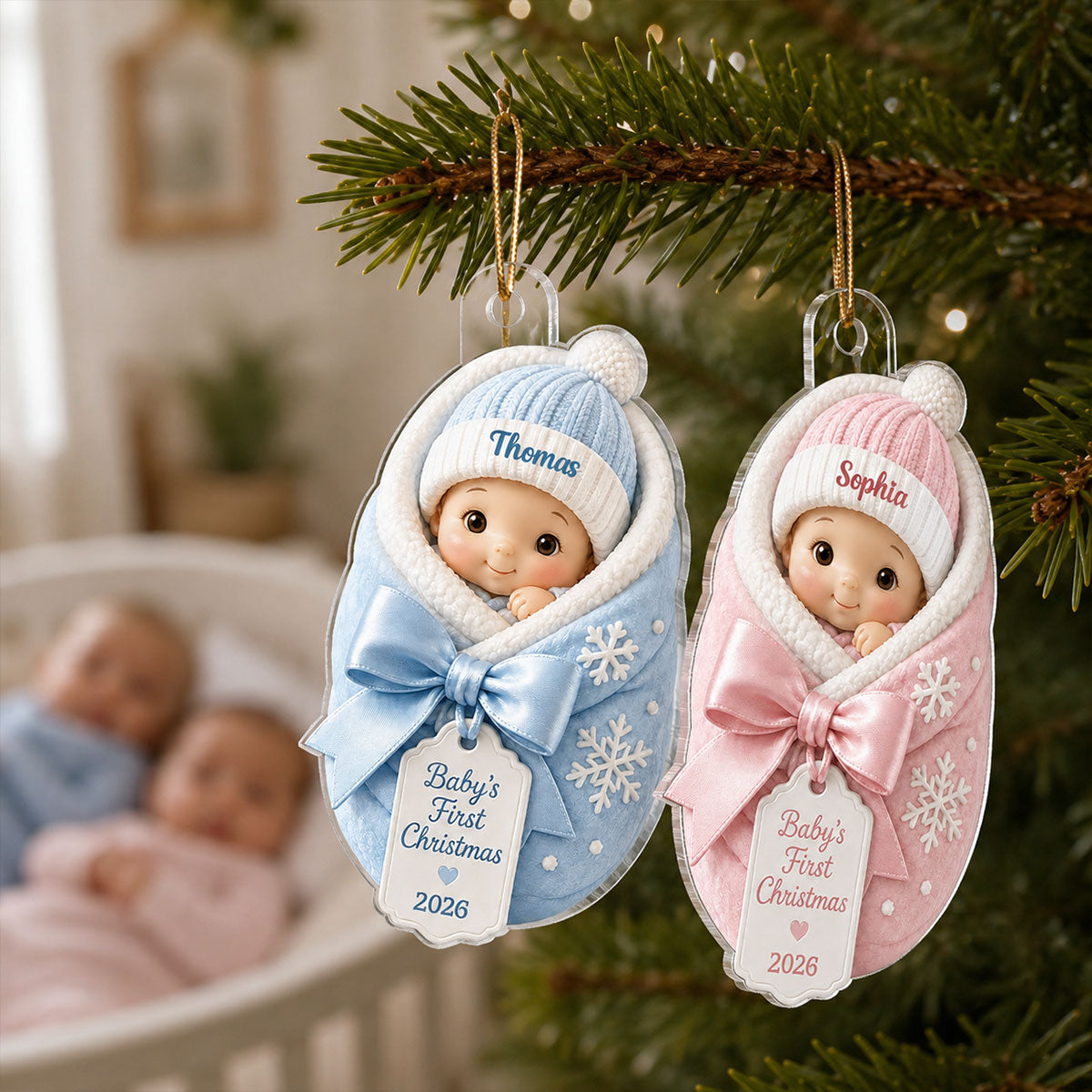Baby's First Christmas Baby In Swaddle Blanket 2D Flat - Personalized Acrylic Ornament - 1st Christmas Keepsake