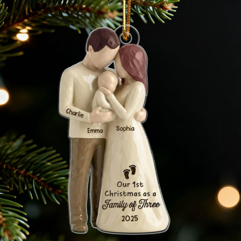 3D Effect First Christmas As Family Of Three Mom Dad & Baby - Personalized Car Hanger