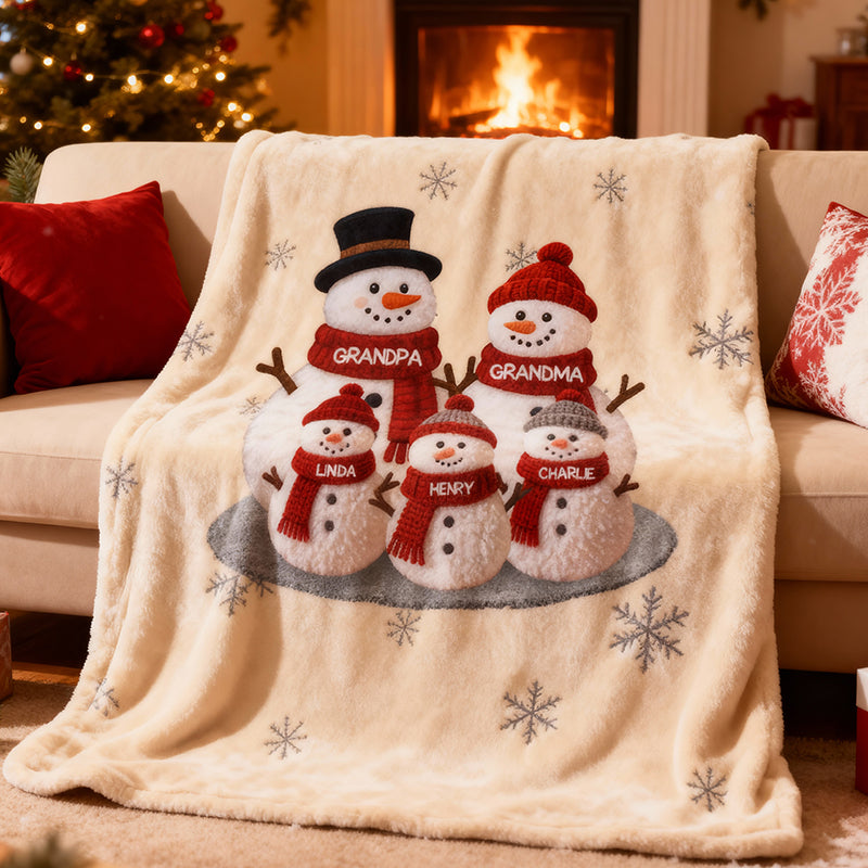 Christmas Grandma Grandkids Snowman Together - Personalized Fleece Blanket - Gift For Grandparents, Grandkids, Granddaughter, Grandson