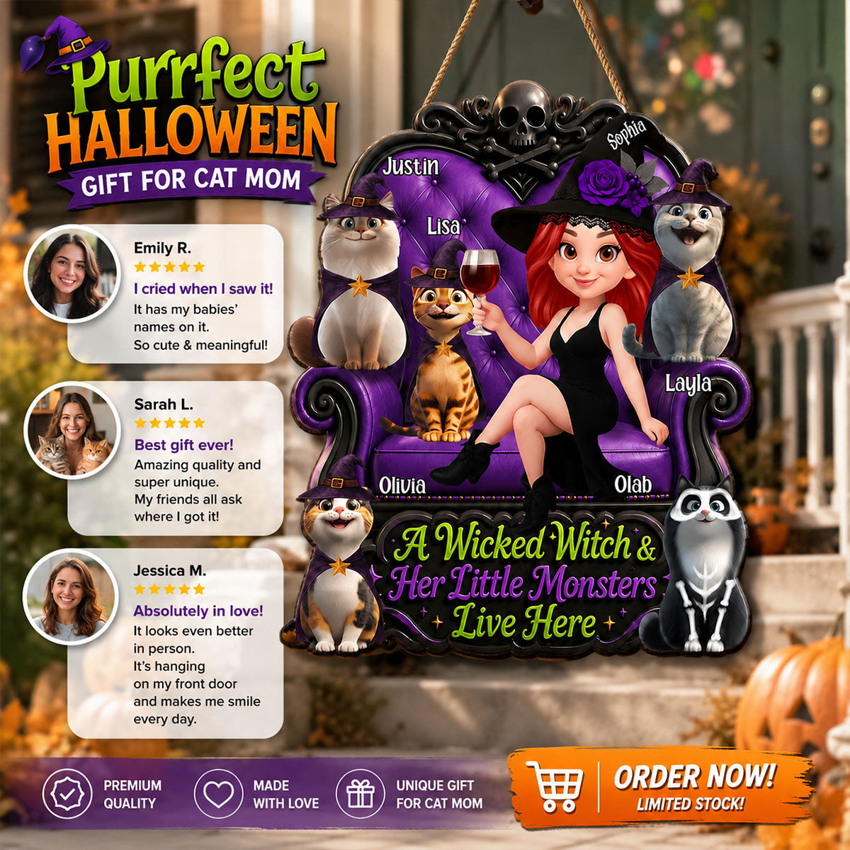 A Wicked Witch and Her Little Monsters Live Here - Personalized Wooden Door Sign - Halloween Decor for Cat Moms