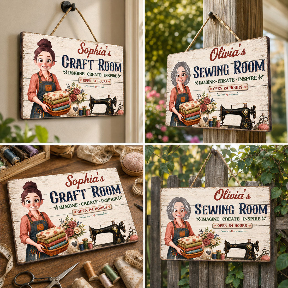 My Sewing Room Imagine Create Inspire Sewing Girl - Personalized Wooden Sign - Craft Room Decor