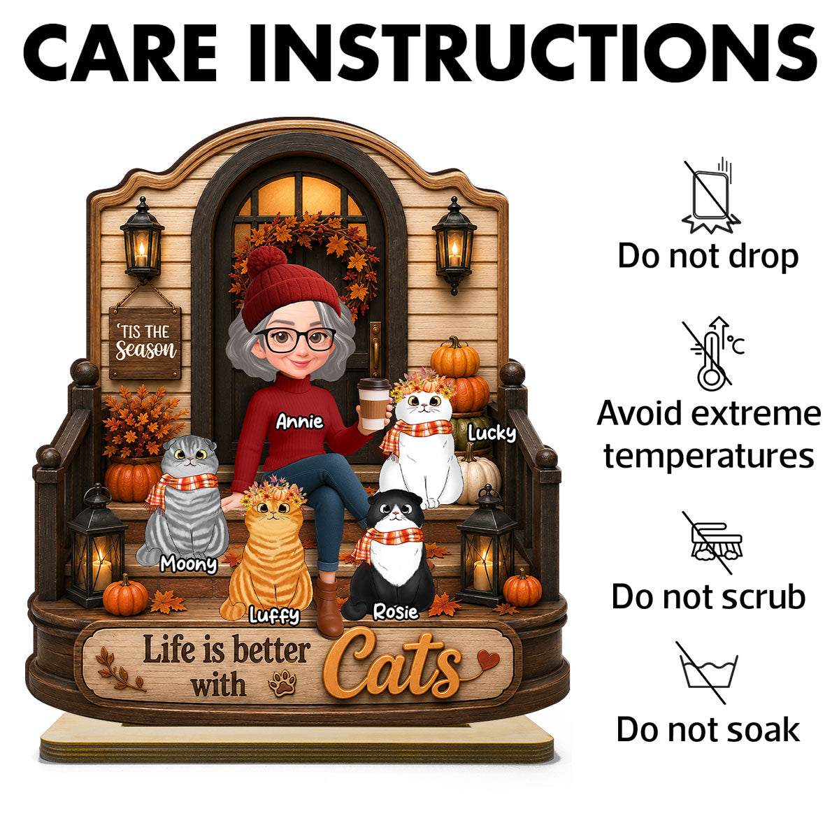Life is Better with Cats - Personalized 2-Layered Wooden Plaque - Fall Decor for Cat Moms