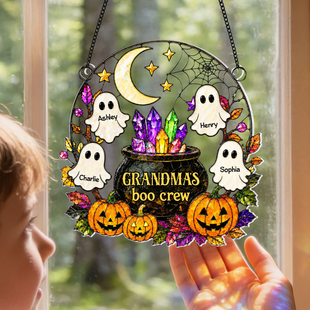 Spooky Grandma's Boo Crew Cauldron - Personalized Acrylic Window Hanging - Halloween Decoration For Grandma