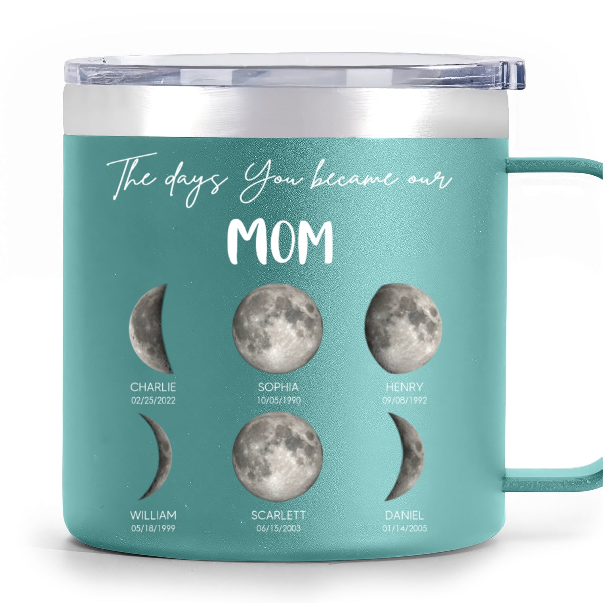 The Days You Became Our Mom Grandma Custom Birth Moon Phase - Personalized Tumbler With Handle - Mother's Day Gift For Mom, Grandma