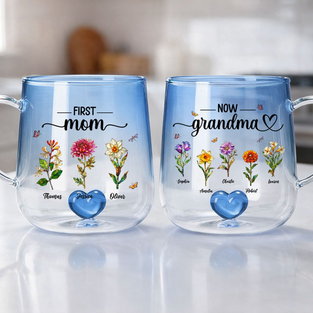 First Mom Now Grandma Custom Birth Flowers - Personalized Glass Mug - Mother's Day Gift for Mom, Grandma