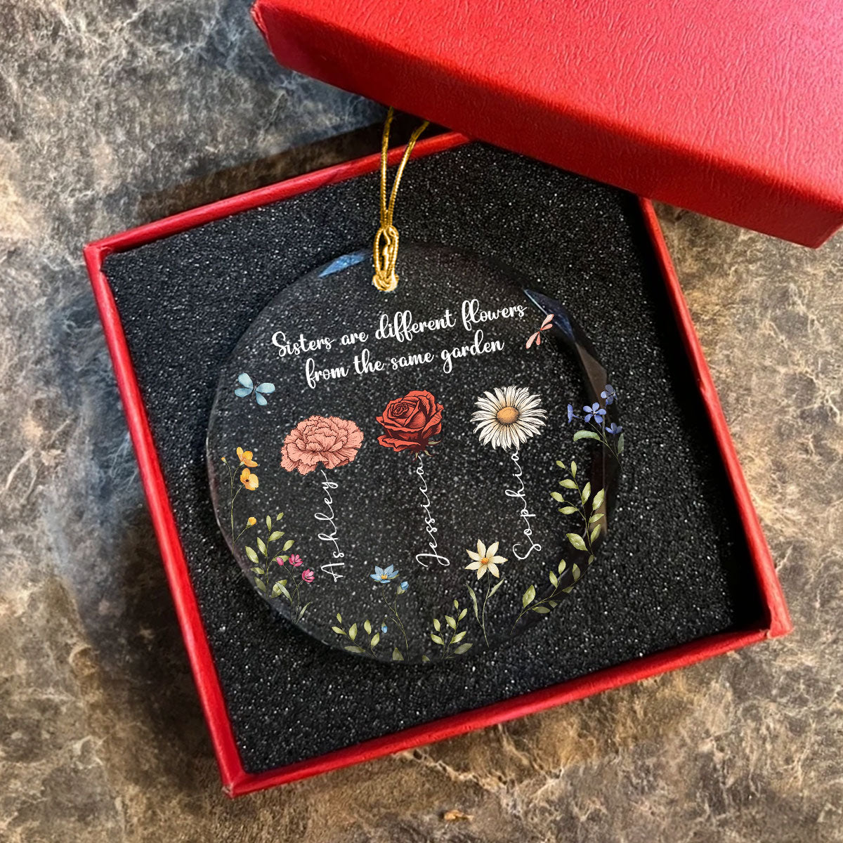 Sisters Are Different Flowers From The Same Garden Personalized Glass Ornament, Christmas Gift For Sisters, Siblings, Besties