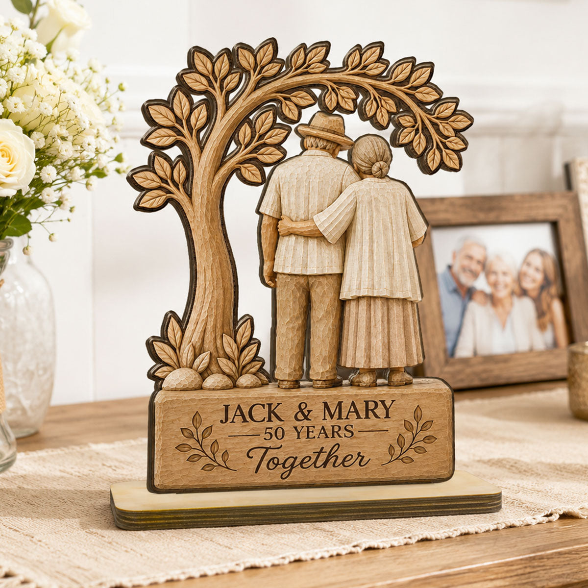 Rustic Old Couple Walking Anniversary Gift - Personalized 2-Layered Wooden Plaque - Wedding Year Decor