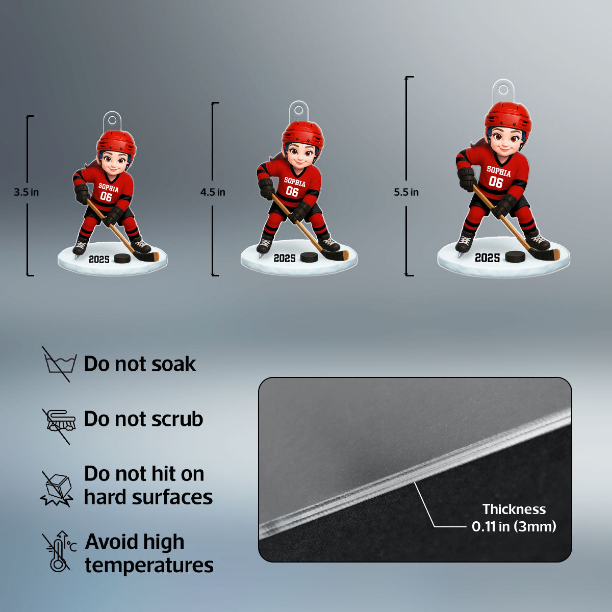 3D Effect Hockey Girl Boy - Personalized Acrylic Ornament - Christmas Gift for Daughter Son