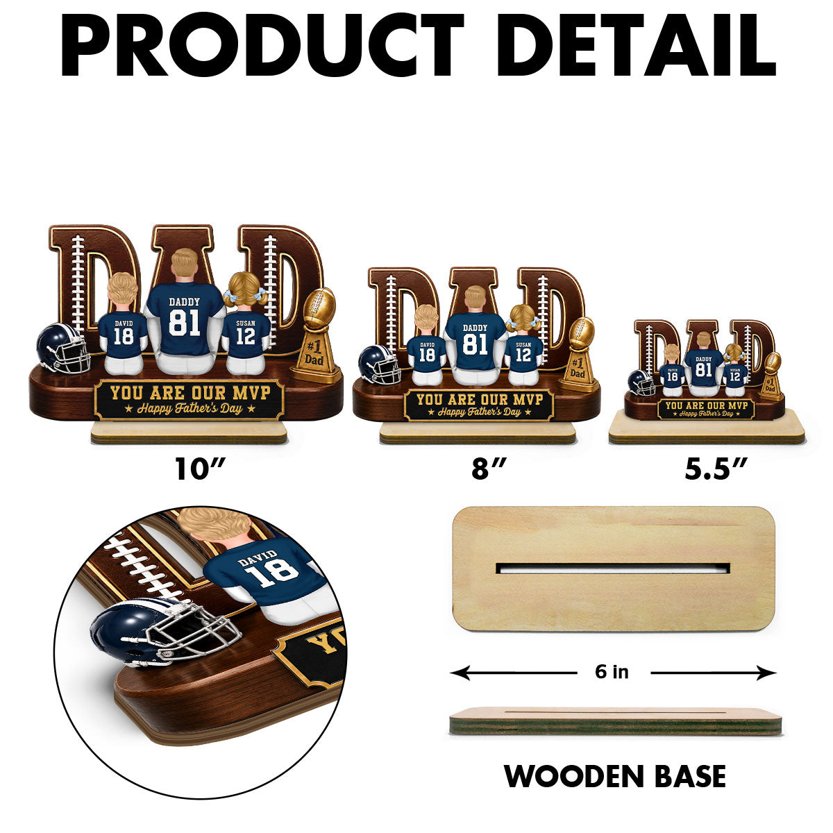 American Football Dad Legend Daddy's Dream Team - Personalized 2-Layered Wooden Plaque - Unique Trending Birthday Gift For Dad, Husband, Football Fans