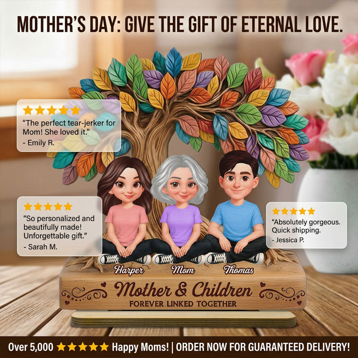 Mom And Son Daughter Under Colorful Tree Of Life - Personalized 2-Layered Wooden Plaque - Gift For Mom