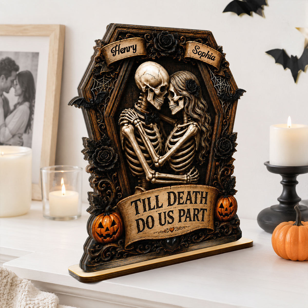 Till Death Do Us Part Skeleton Couple In Coffin 2D Flat - Personalized 2-Layered Wooden Plaque - Halloween Decor For Couple