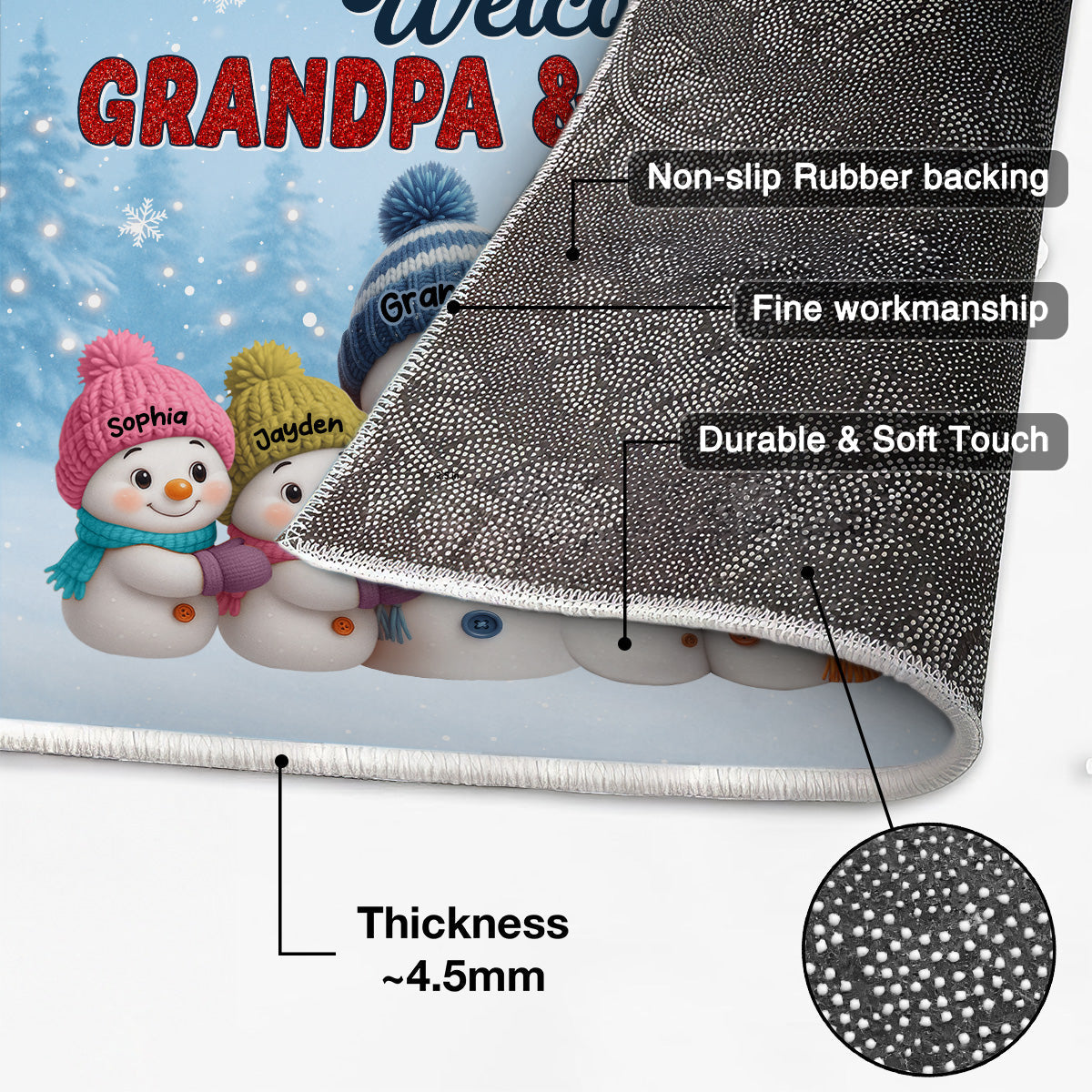 3D Effect Christmas Grandma Grandpa Grandkids Snowman Together - Personalized Doormat