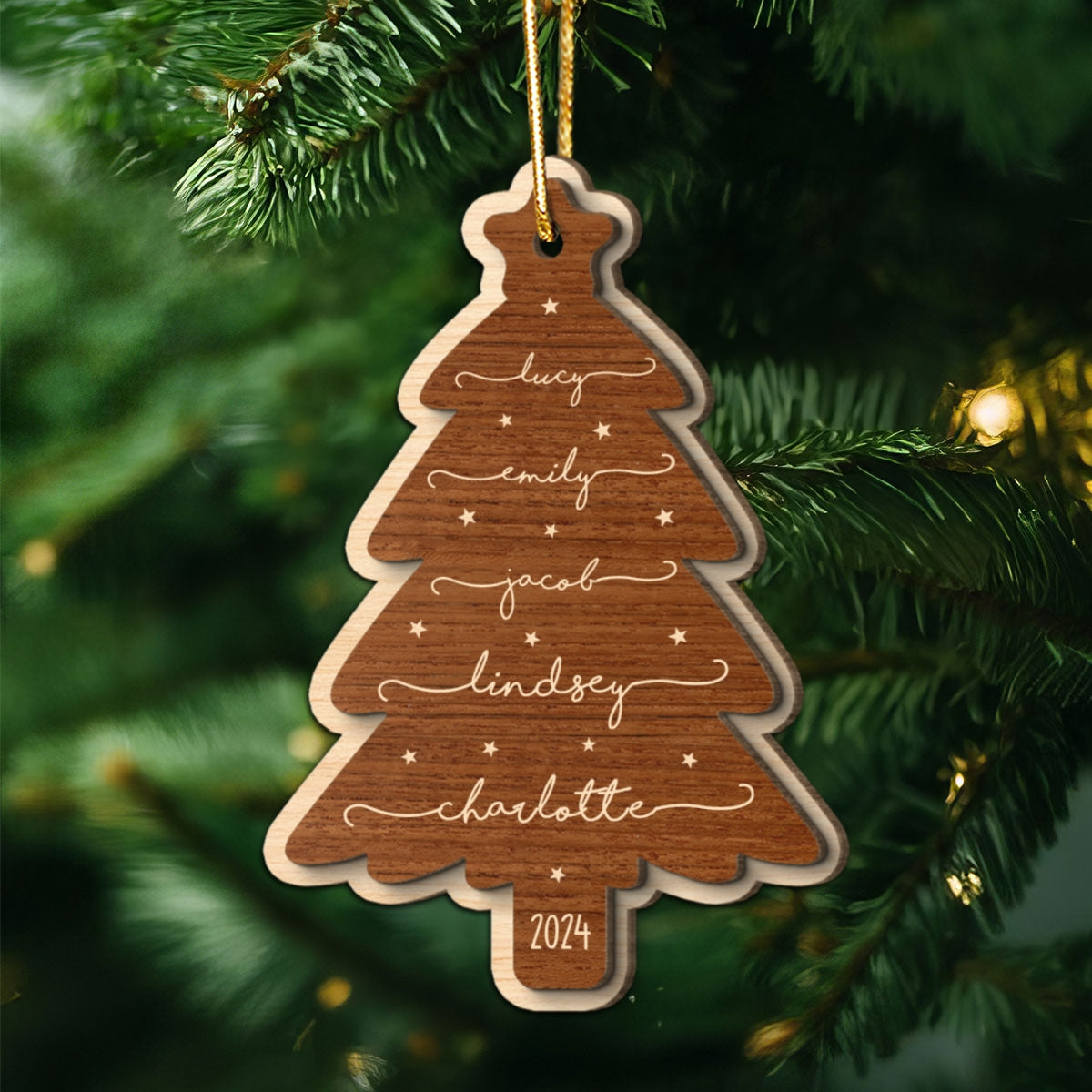 Beautiful Christmas Tree With Family Members Names Personalized 2-Layer Wooden Ornament