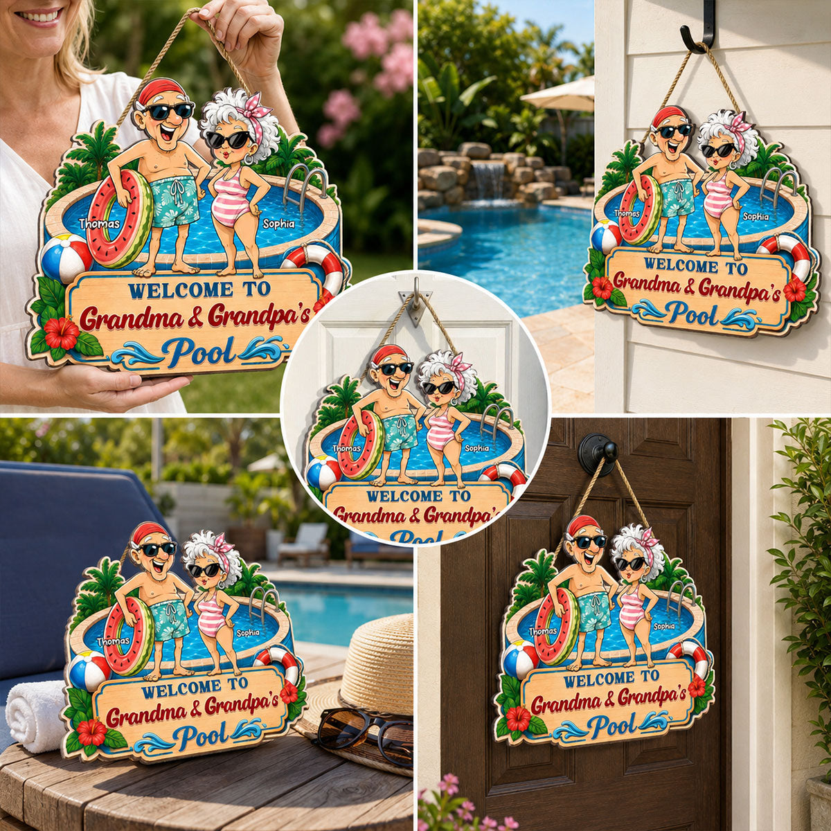 Welcome To Grandma & Grandpa's Pool 2D Flat - Personalized Pool Wooden Sign - Poolside Decor For Grandparents
