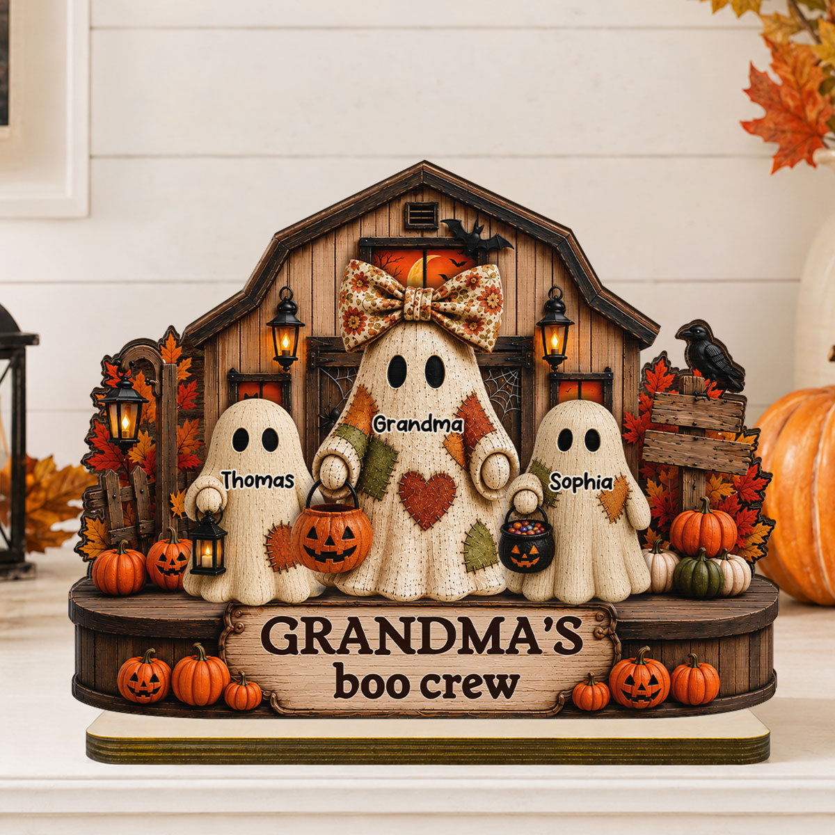 Fall Season Halloween Rustic Patchwork Style Grandma's Boo Crew - Personalized 2-Layered Wooden Plaque - Fall Halloween Decor For Grandma
