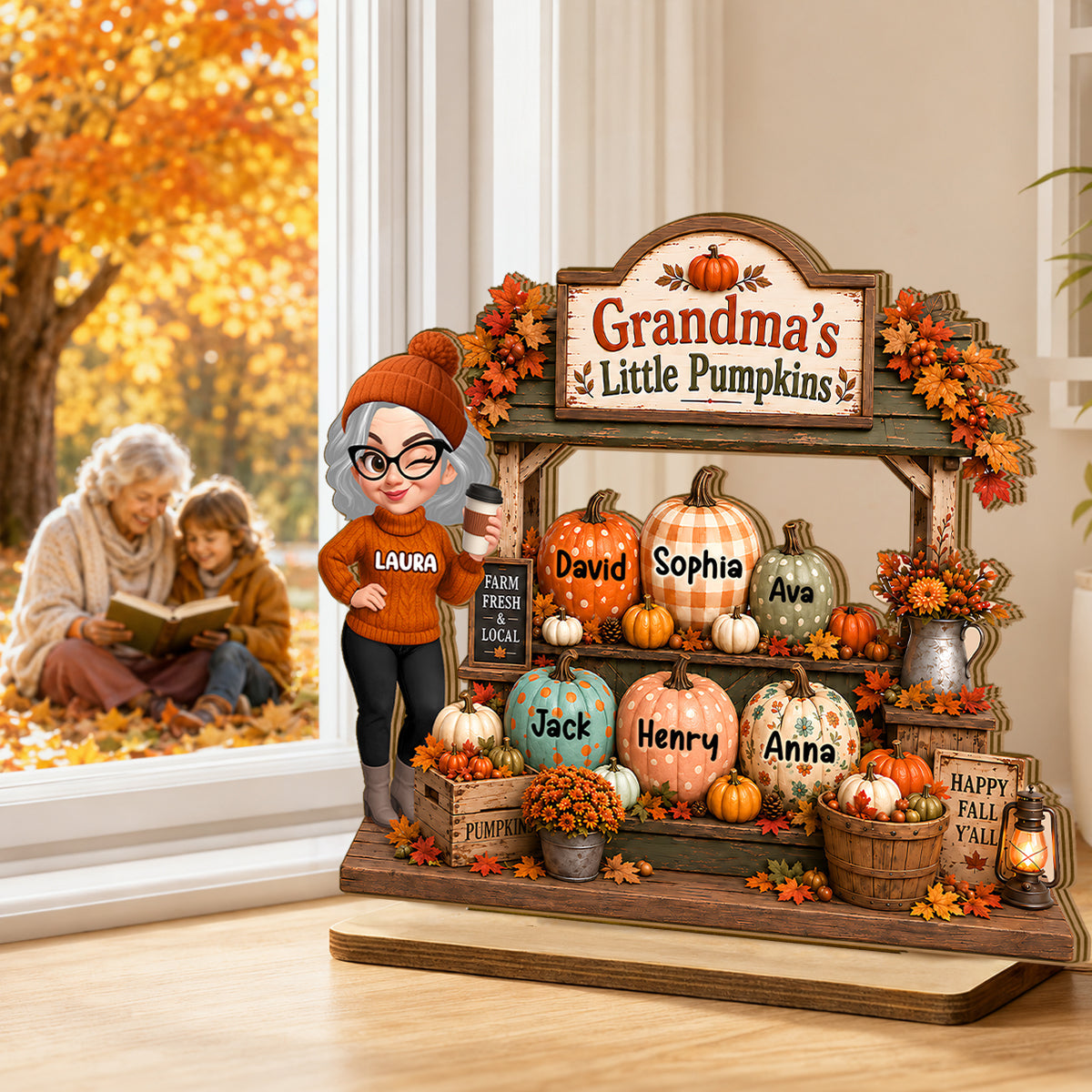 Rustic Fall Shelf Sitter Grandma - Personalized 2-Layered Wooden Plaque - Fall Season Decor Gift, Gift For Grandma