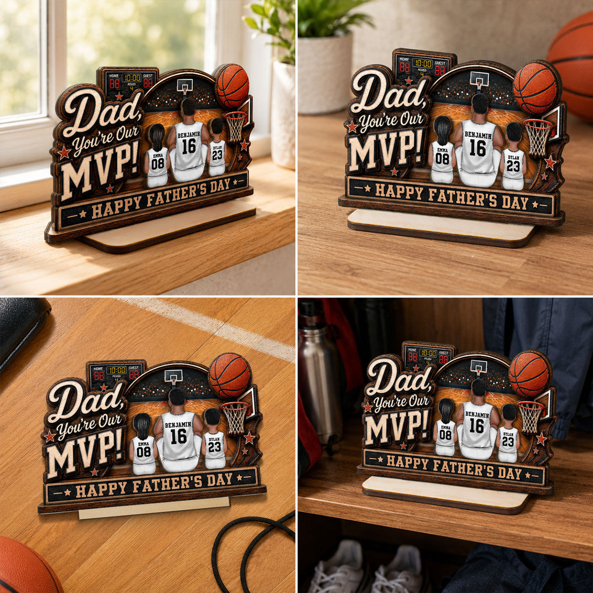 Dad You Are Our MVP Sitting Basketball Man & Kids 2D Flat - Personalized 2-Layered Wooden Plaque - Gift For Basketball Dad