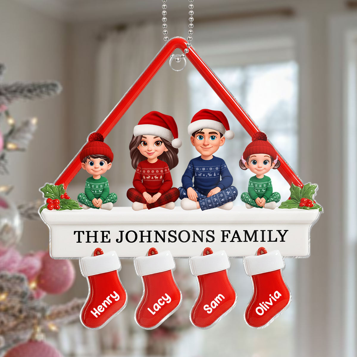 3D Effect Family Sitting On Christmas Mantel - Personalized Acrylic Ornament