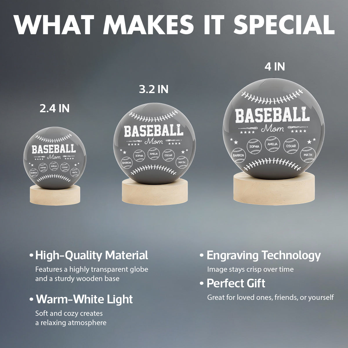Baseball Mom And Kids Together - Personalized Crystal Ball LED Night Light - Mother's Day Gift For Baseball Mom, Gift For Wife