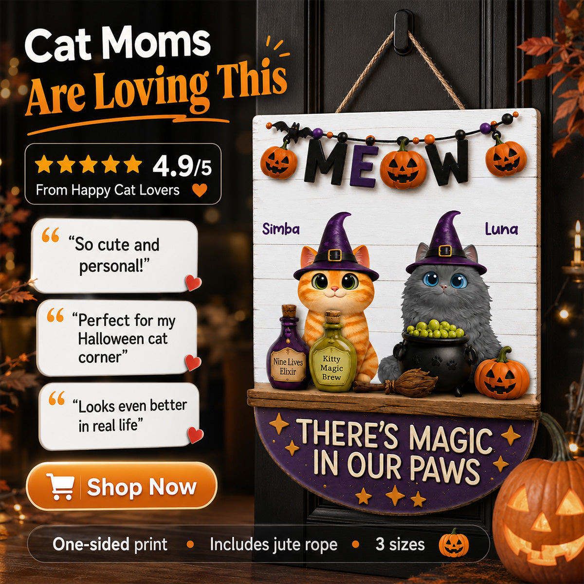 There's Magic In Cat Paws - Personalized Door Hanger - Halloween Decoration