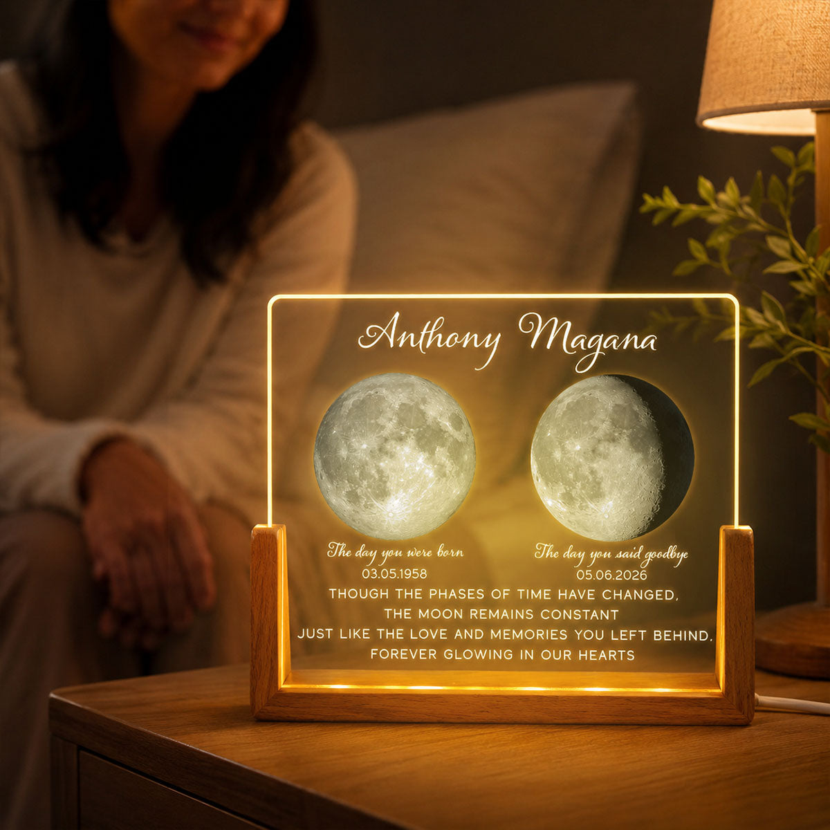 Lost Loved One Moon Phase Art Memorial - Personalized Acrylic LED Night Light - Memorial Gift, Sympathy Gift