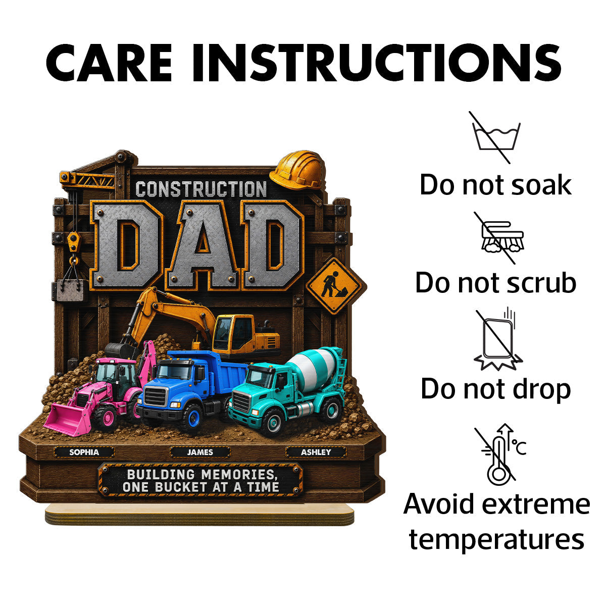 Construction Dad with Kids Names 2D Flat - Personalized Wooden Plaque