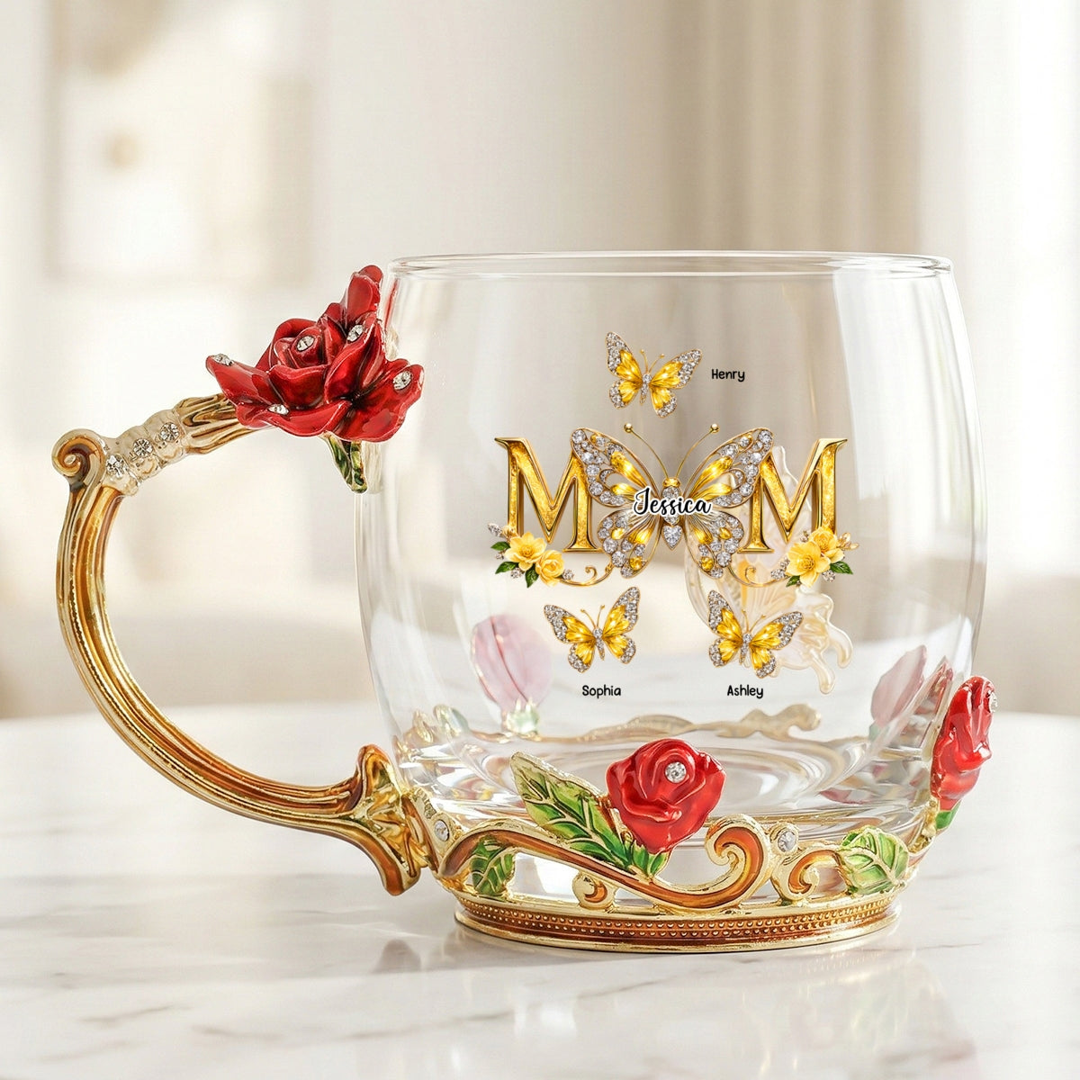 Mom And Children Butterflies - Personalized Enamel Flower Tea Cup - Gift For Mom