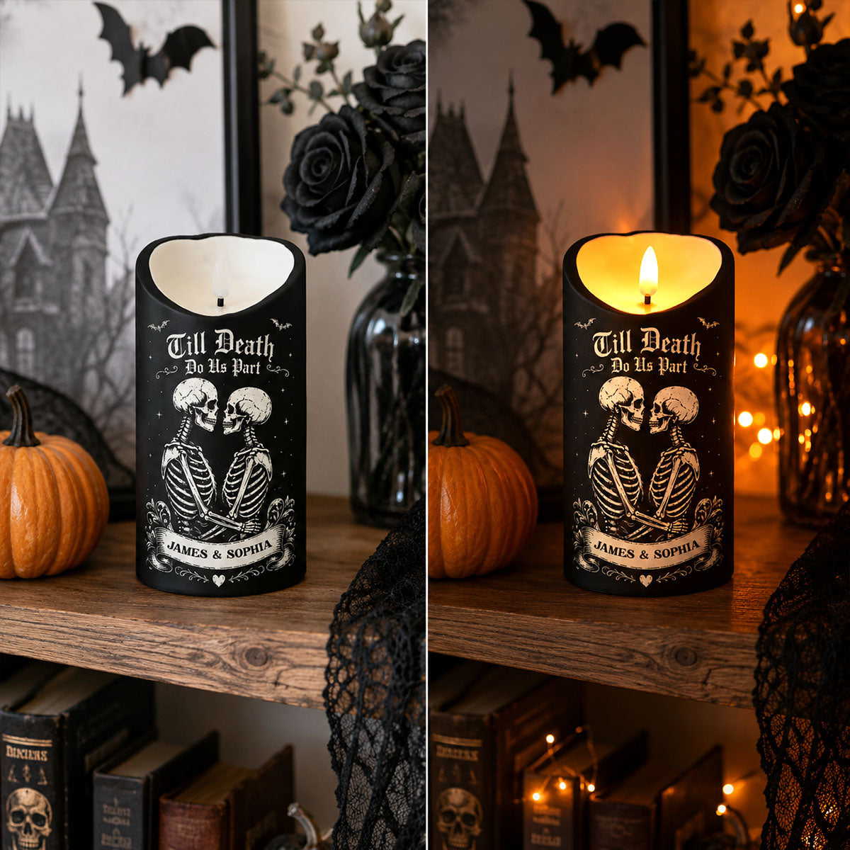 Till Death Do Us Part Skeleton Couple Black Theme - Personalized LED Candle - Halloween Decor For Couple