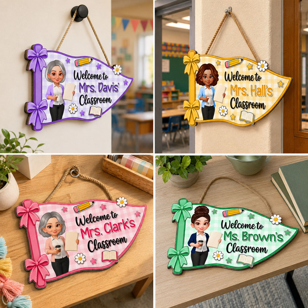 Welcome To Teacher Classroom Pennant Flag Shaped - Personalized Wood Sign